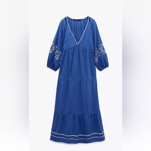 Zara Maxi Dress with Contrast Embroidery Cobalt Blue